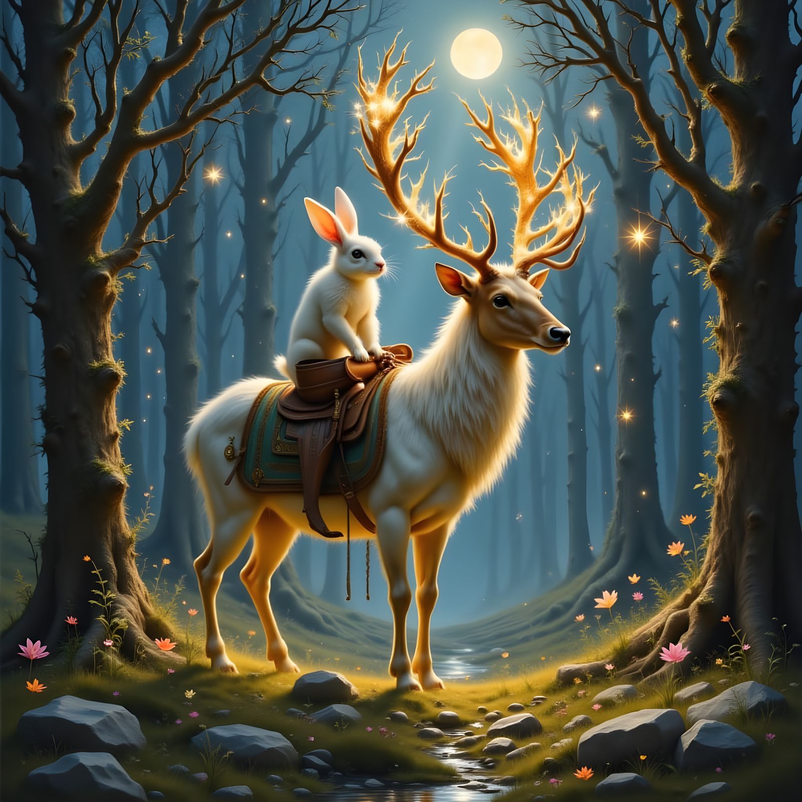 Rabbit Rides Majestic Stag Under Magical Twilight Sky