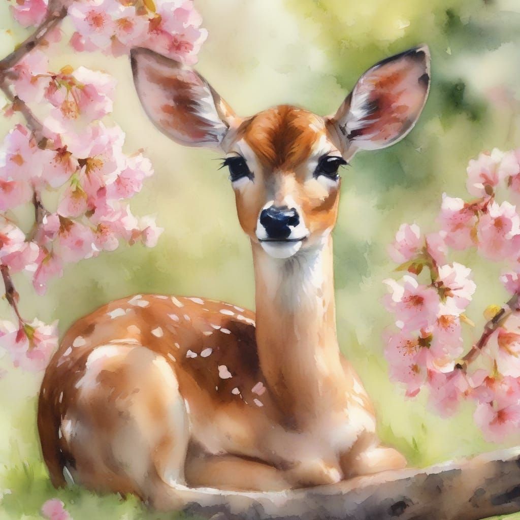 Adorable Fawn Rests in Cherry Blossoms, Watercolor Realism