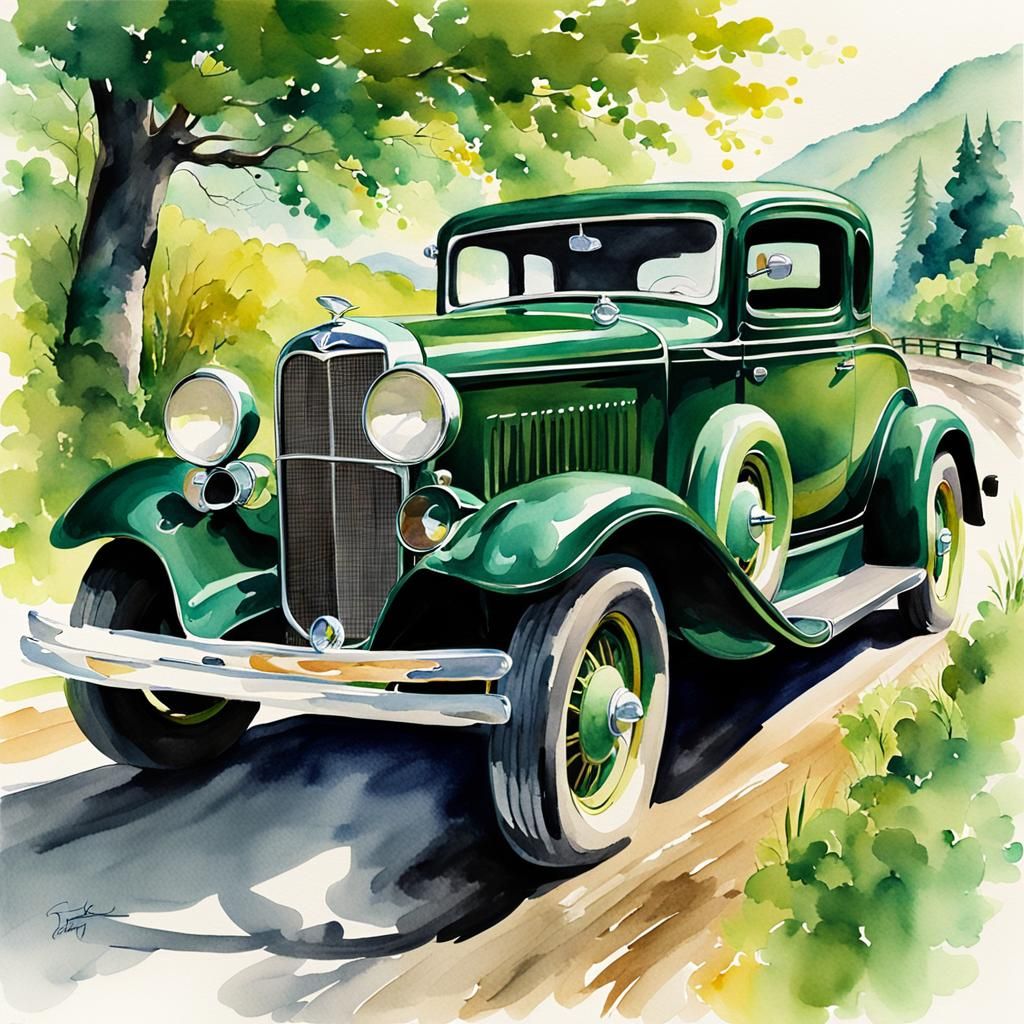 1932 Ford Coupe in Lush Green Landscape