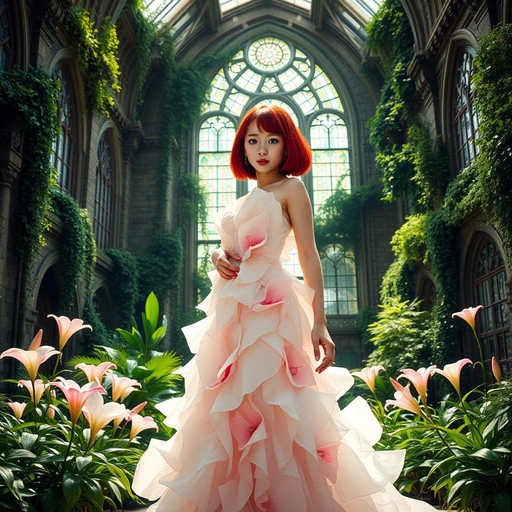 Japanese Woman in Decaying Lily Gown, Greenhouse Setting
