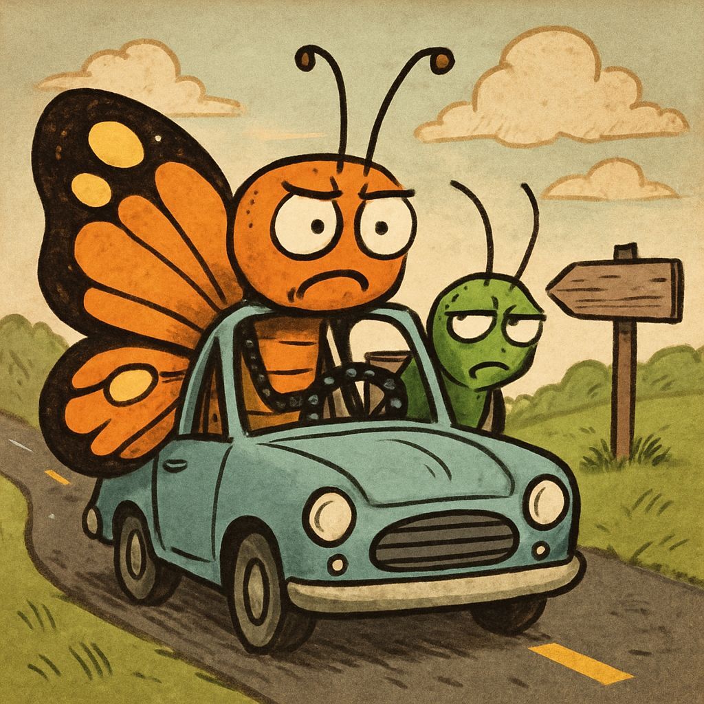 Confused Butterfly Driving a Car