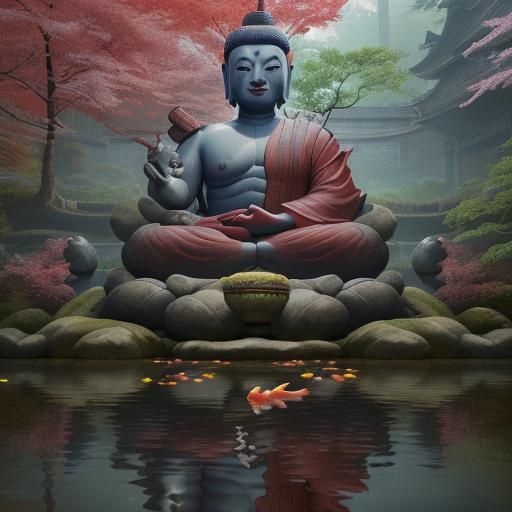 Kappa Smiles at Buddha in Koi Pond Forest