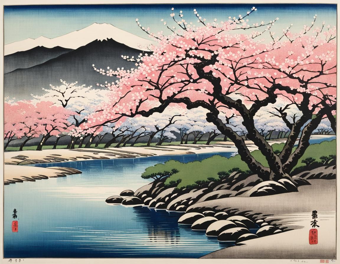 Shin-Hanga Print of Blooming Sakura and River