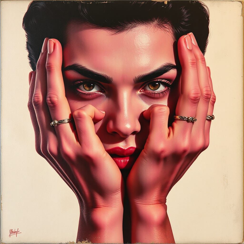 Surreal Pop Art Hands and Eyes in Silver