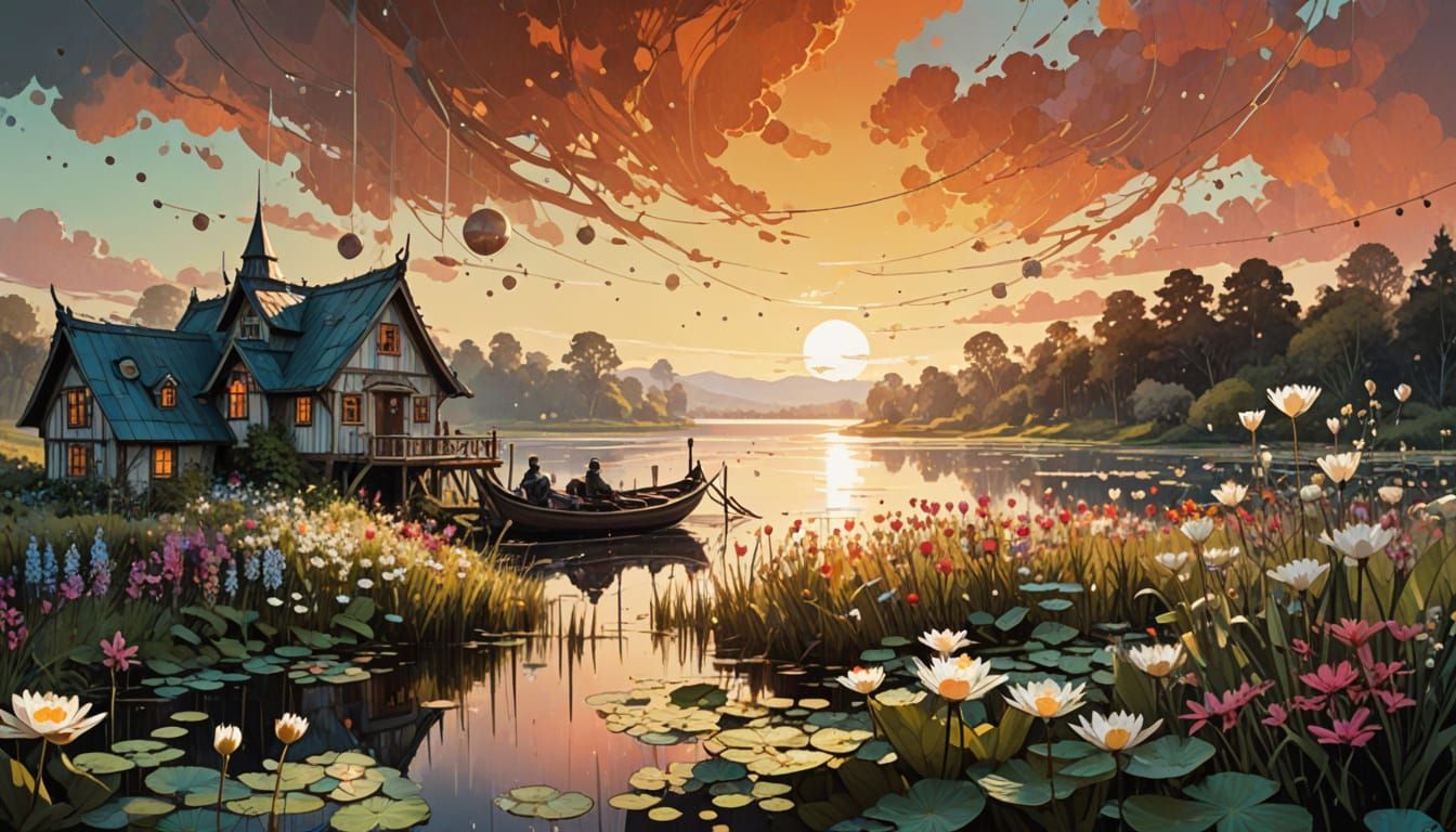 Magical Ornate Boathouse on Lake at Sunset