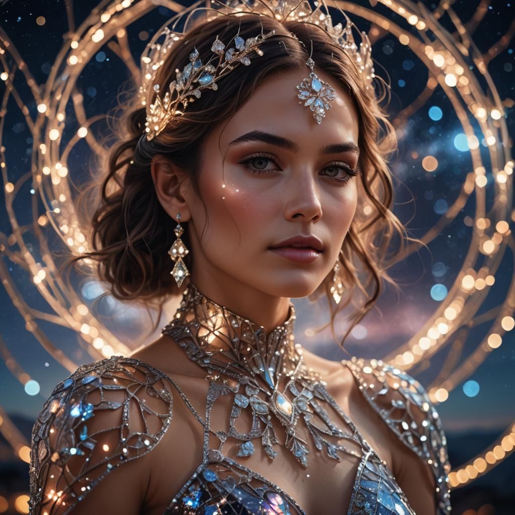 Woman in Glass Dress Against Night Sky