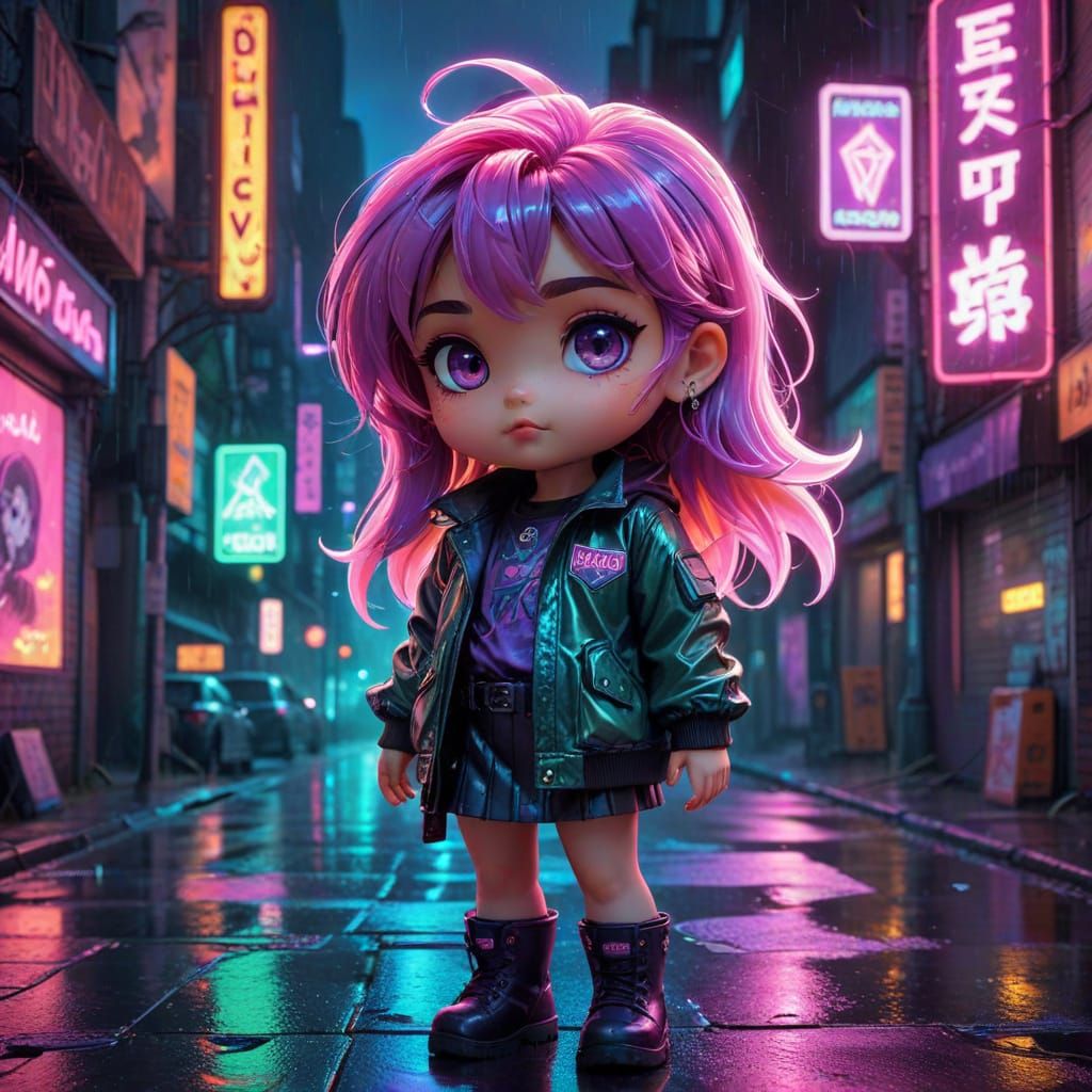 Chibi Detective in Neon Synthwave Cityscape at Night