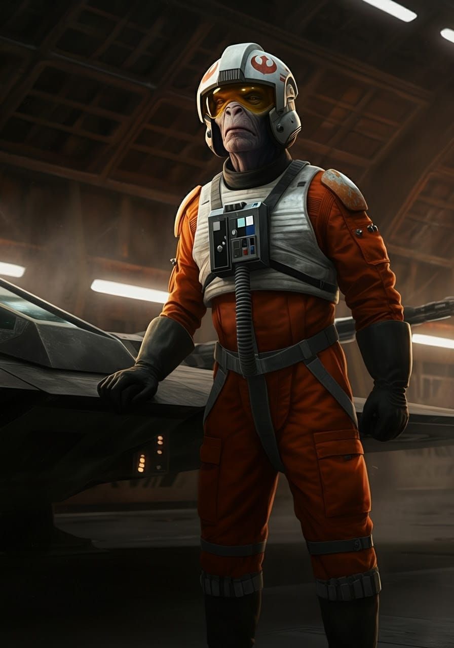 Rebel Pilot Prepares for Battle in Futuristic Hangar