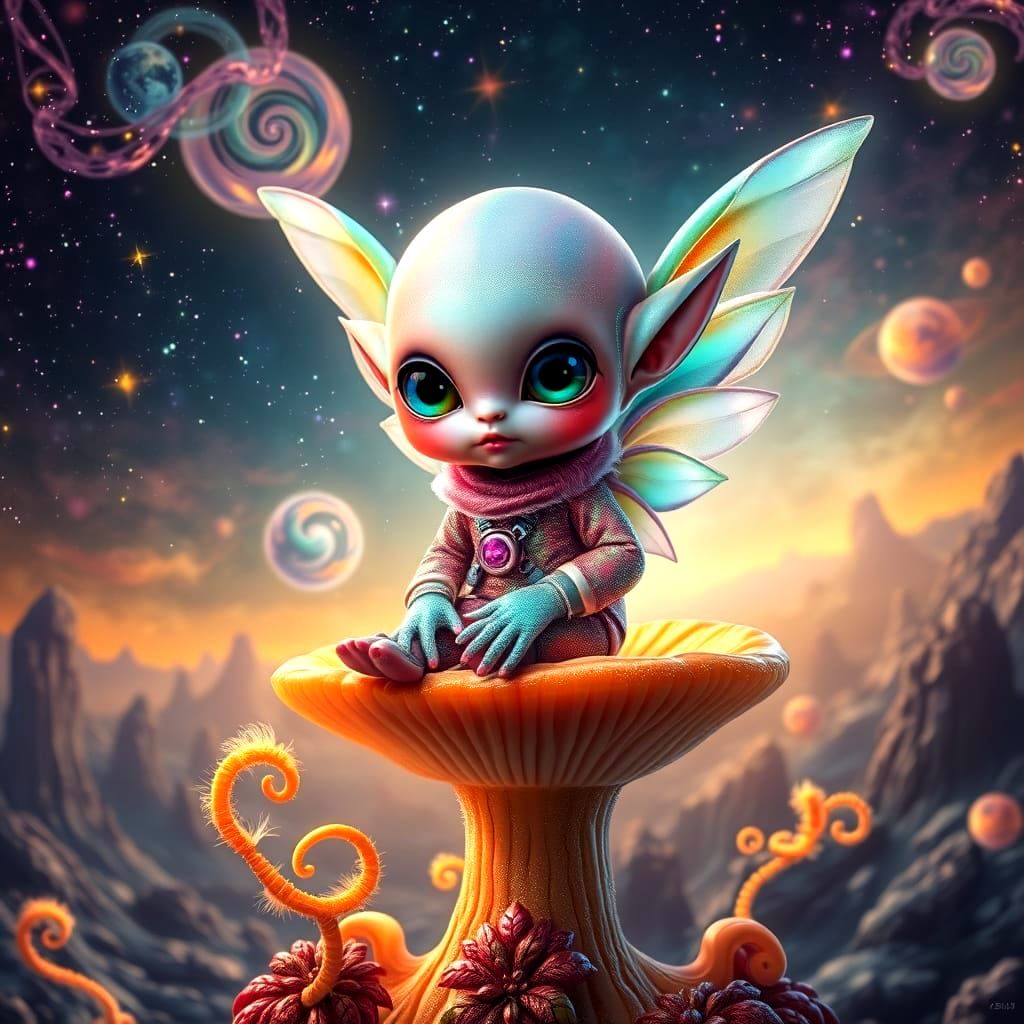 Cosmic Cherub in Whimsical Futuristic Landscape