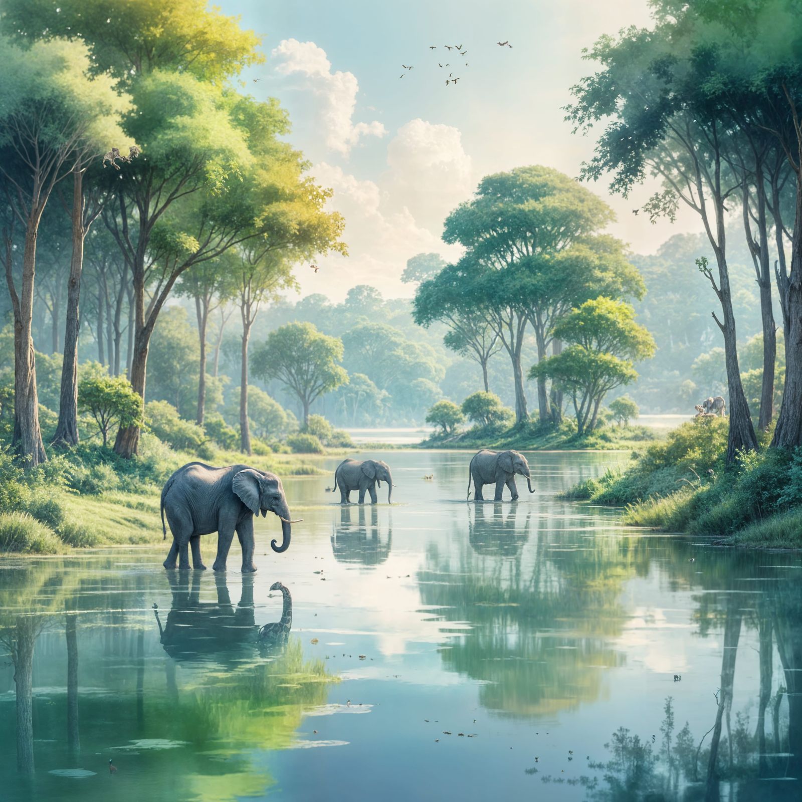 Whimsical Watercolor Scene with Small Elephants and Giraffes