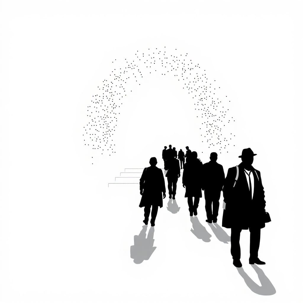 Endless Staircase of Silhouettes in Pointillist Style