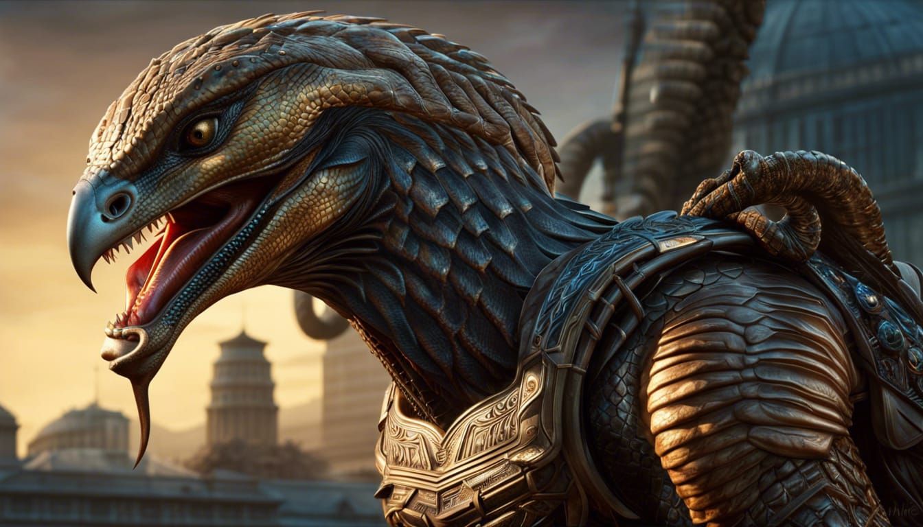 Hawk-Like Alien Man with Reptile Jaw in Matte Painting