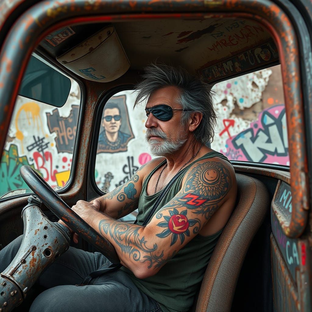 Weathered Outlaw Sits in Graffiti-Adorned Truck