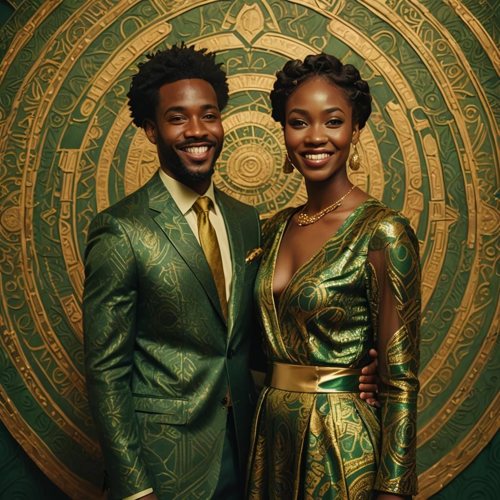 Elegant Black Couple in Gold and Green, Cinematic Style