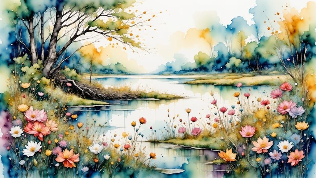 Lush Wetland Blooms with Vibrant Watercolors