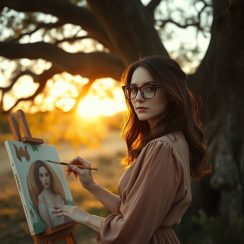 Woman Painting at Dawn in Cinematic Style