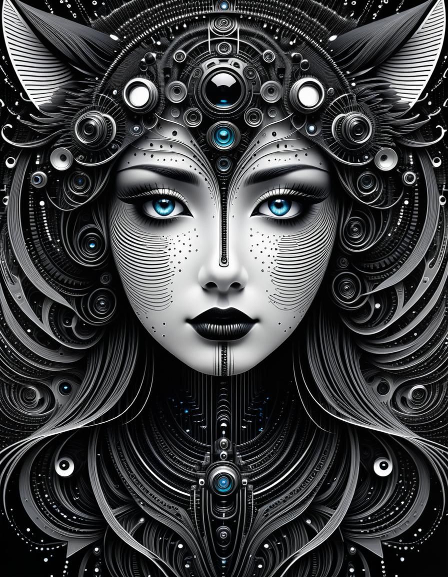 Intricate Robotic Face with Tiny Civilians