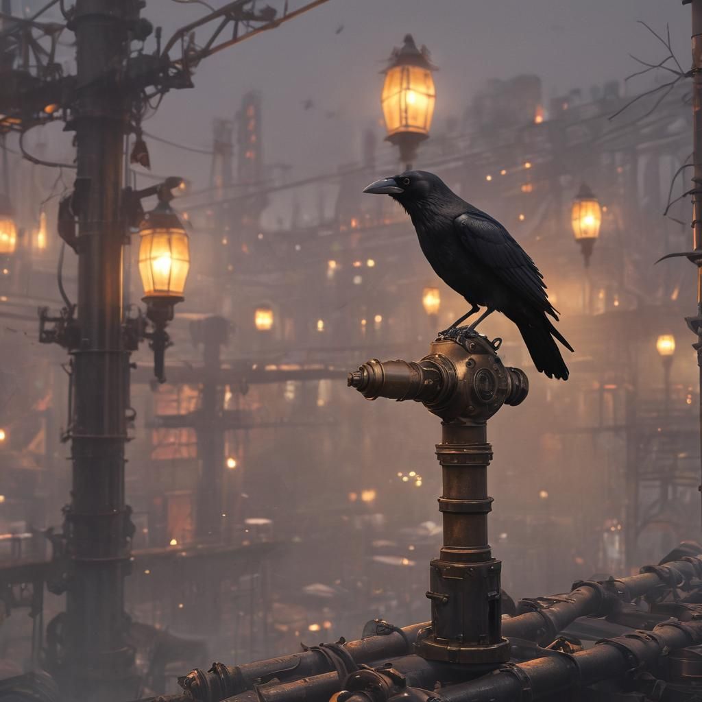 Steampunk Messenger Crow in Industrial Cityscape