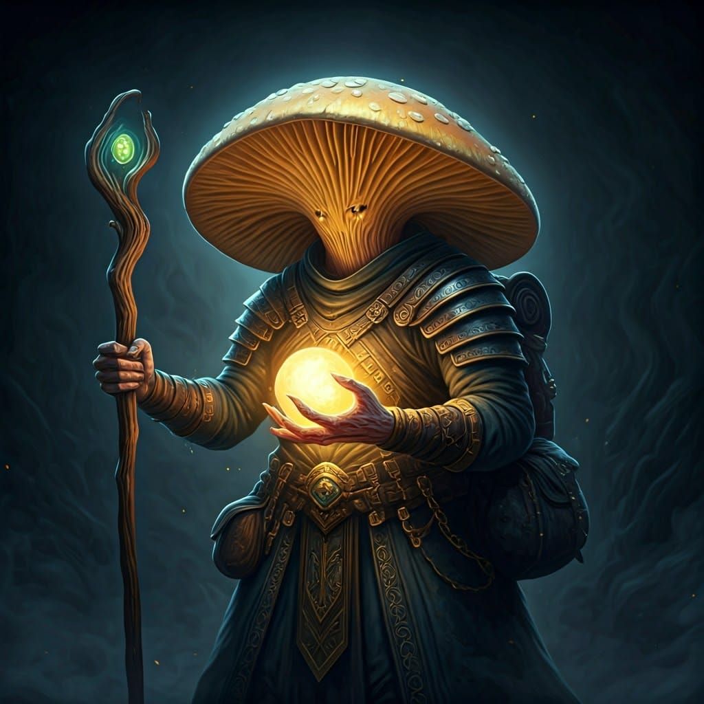 Fantasy Mushroom Being in Dark, Smoky Setting