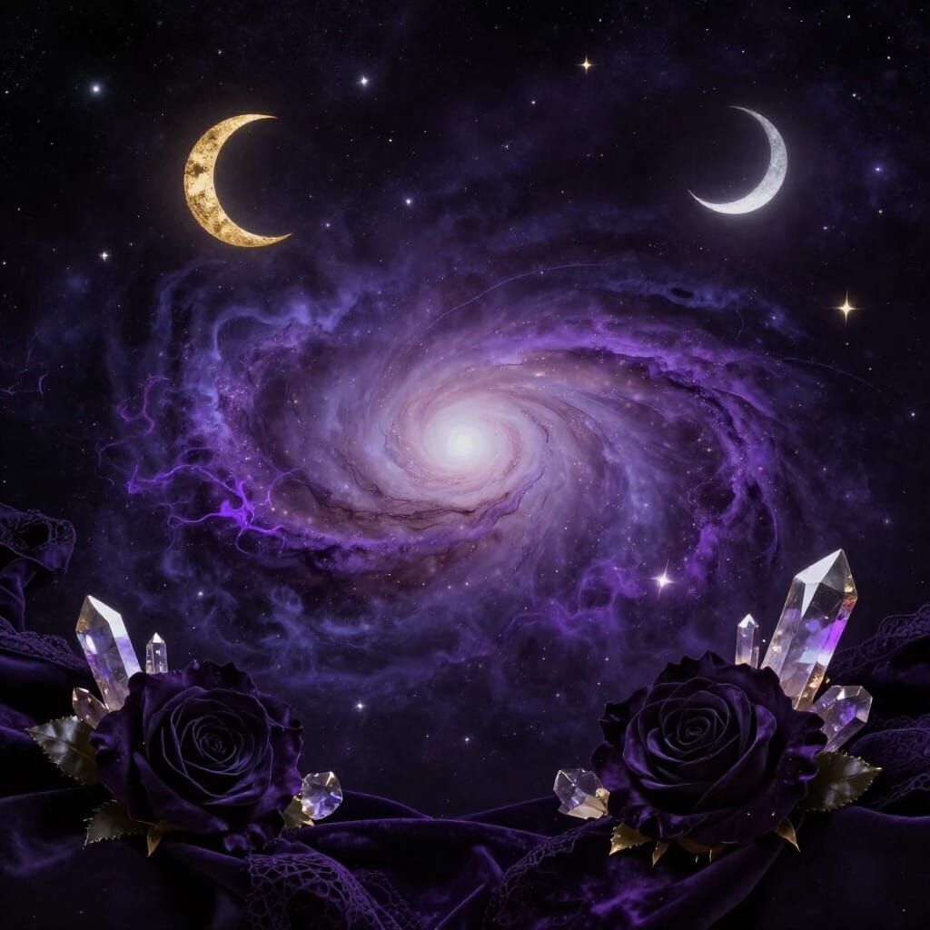 Mystical Violet Galaxy with Celestial and Nature Motifs