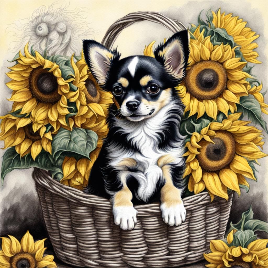 Chihuahua Puppy and Sunflowers in Pencil Drawing