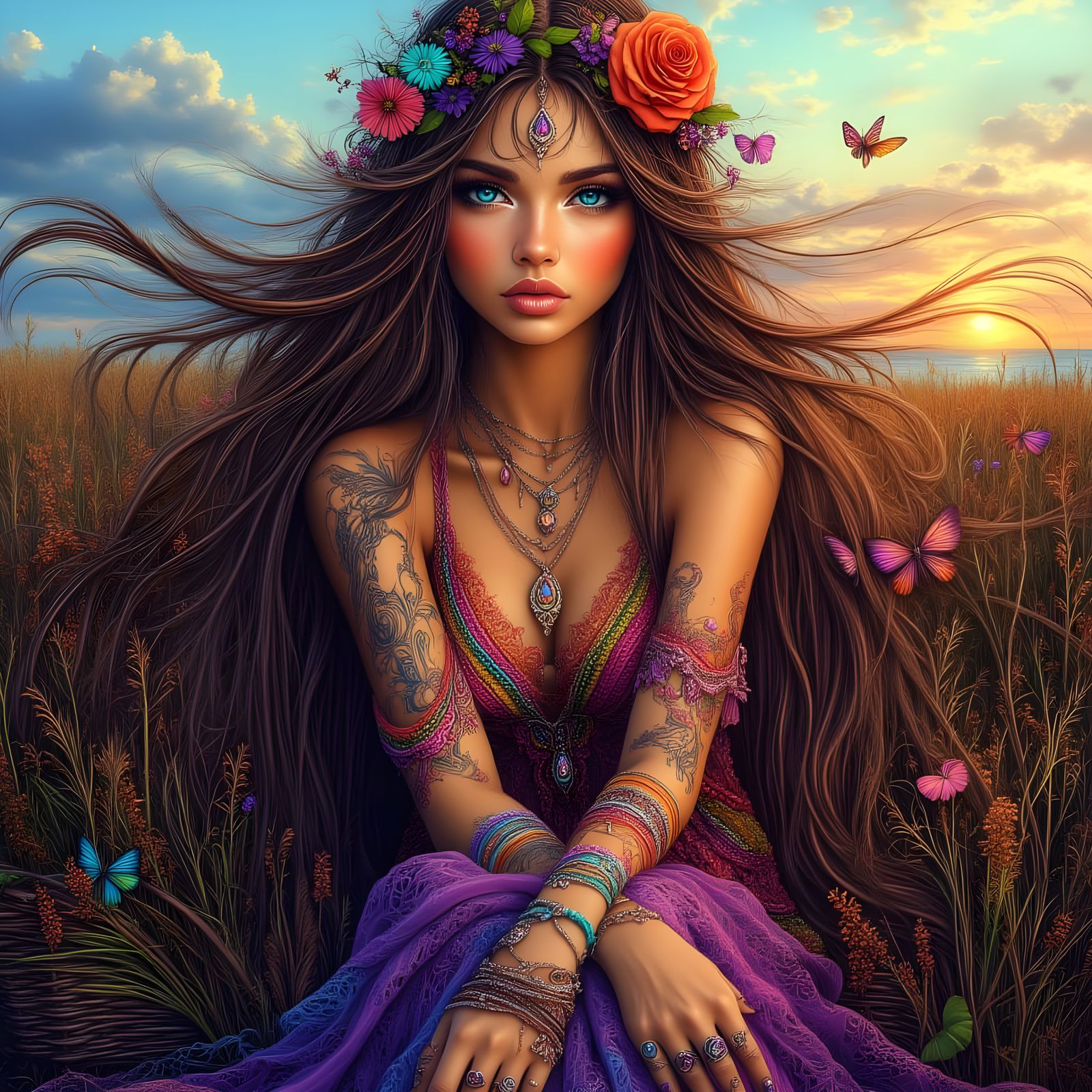 Bohemian Women in Colorful Dresses at Sunset