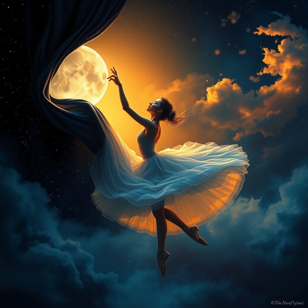 Ballerina Unveils Morning in Ethereal, Moonlit Scene