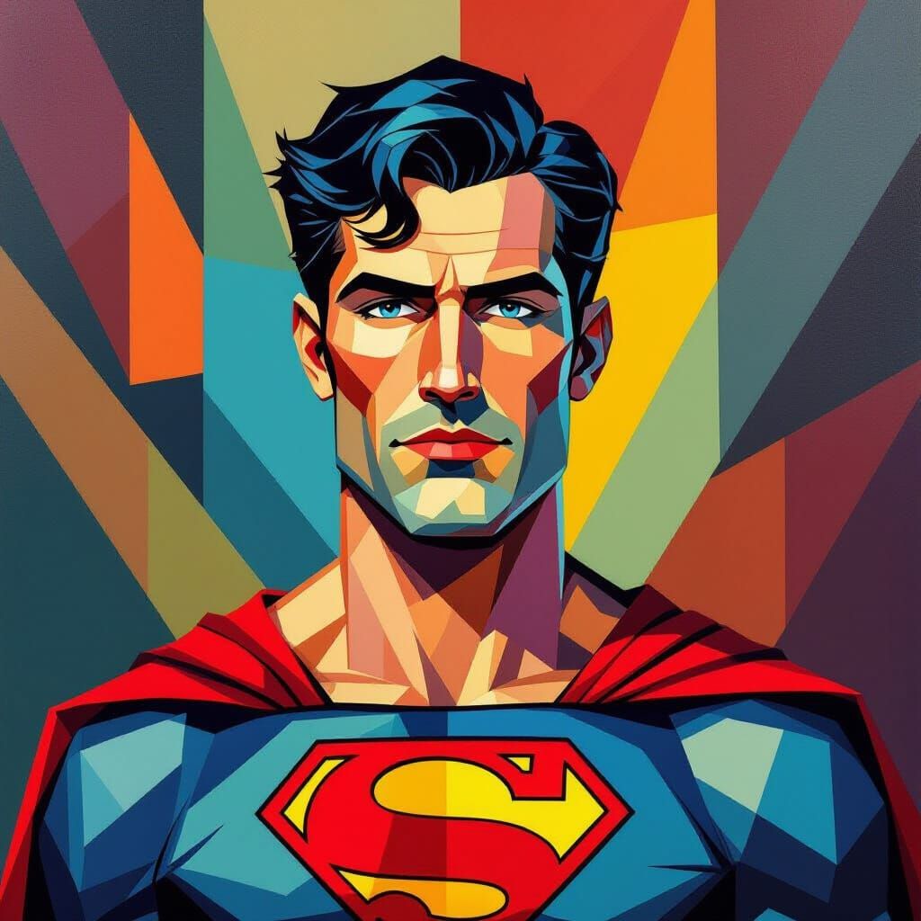 Superman Cubist Painting in Art Deco Style