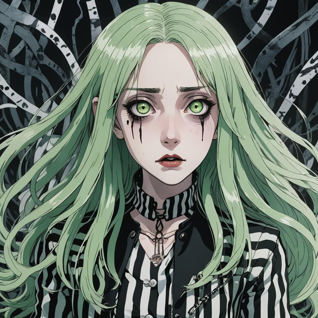 Anime Woman in Surreal Tim Burton-esque Setting