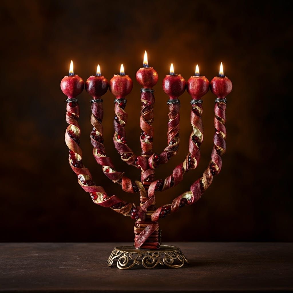 Whimsical Harp-Shaped Menorah with Intricately Twisted Pomeg...