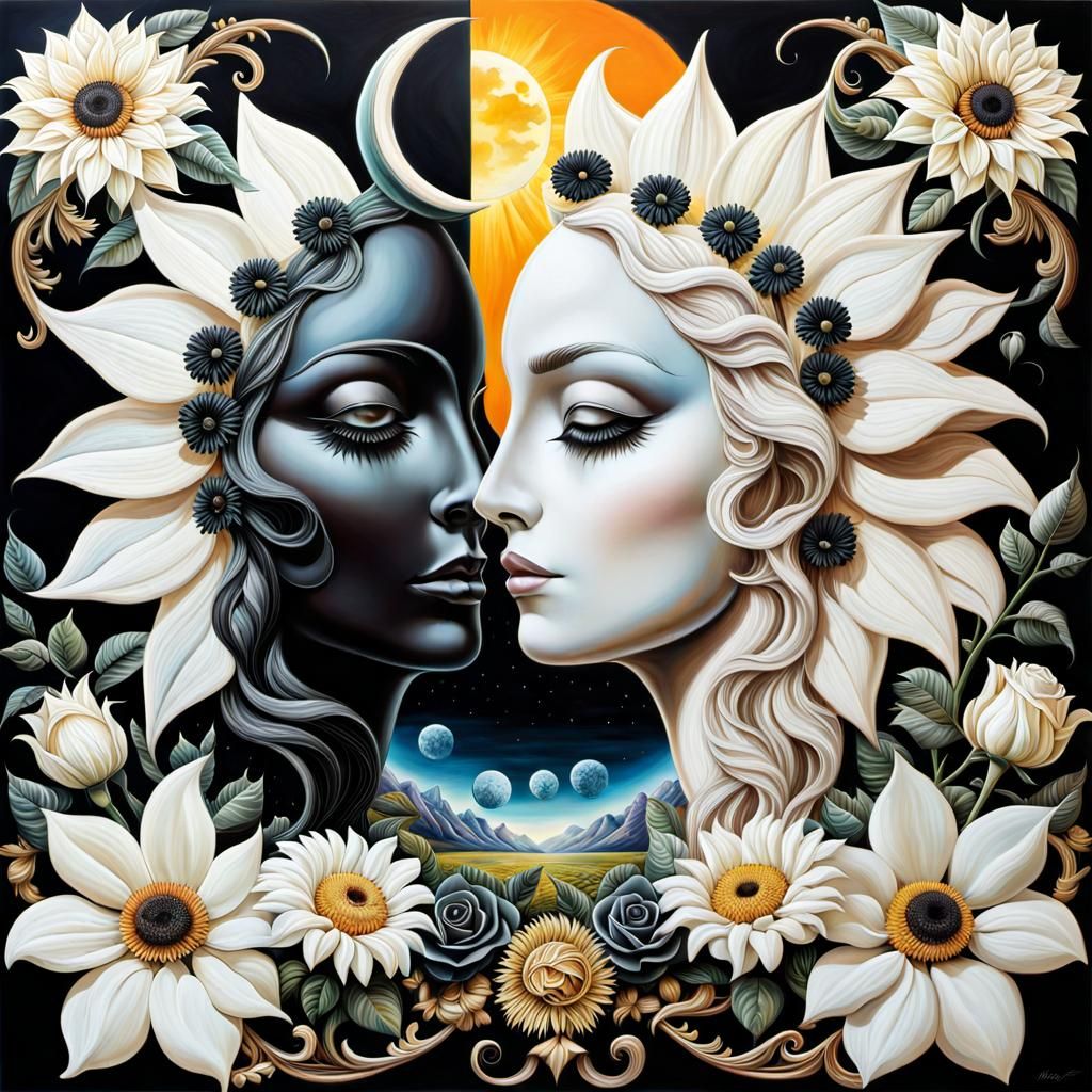 Surreal Split Screen Art: Sun, Moon, Roses