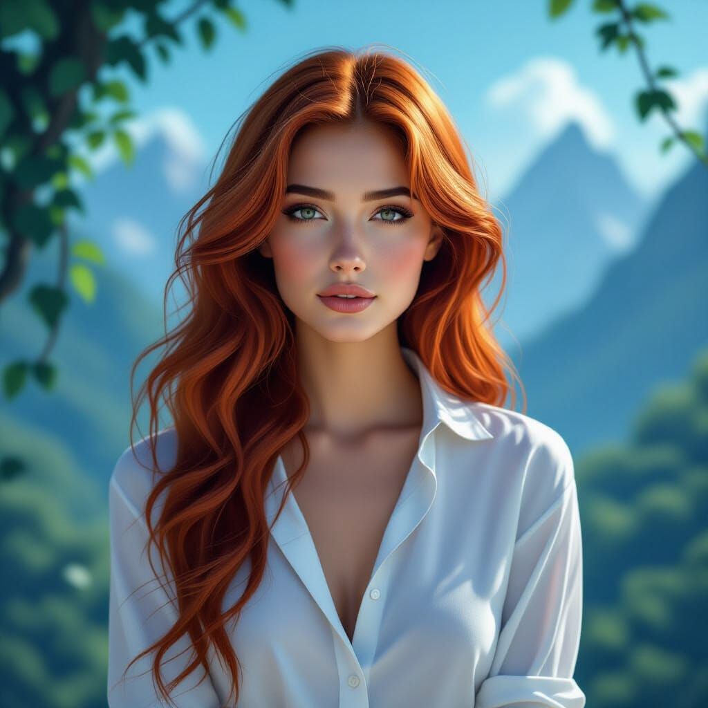 an elegantly beautiful young woman with vibrant red hair, we...