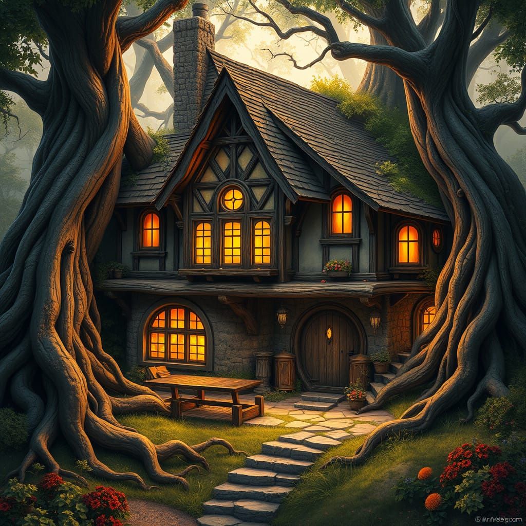 Tudor-Style Hobbit Home in Vibrant Fantasy Landscape