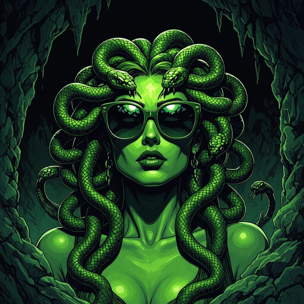 Green Medusa with Sunglasses in Ominous Cavern