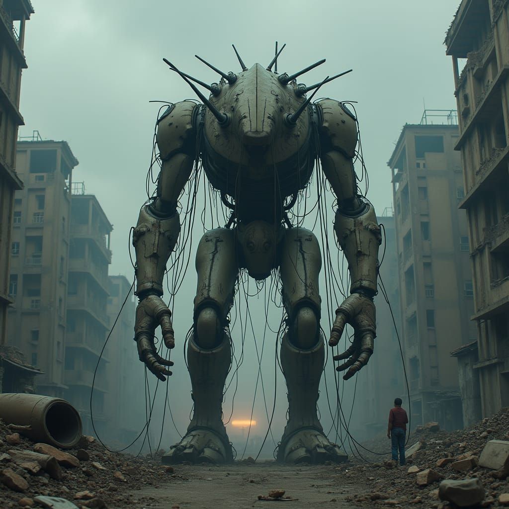 Post-Apocalyptic Robot Predator in Ruined City