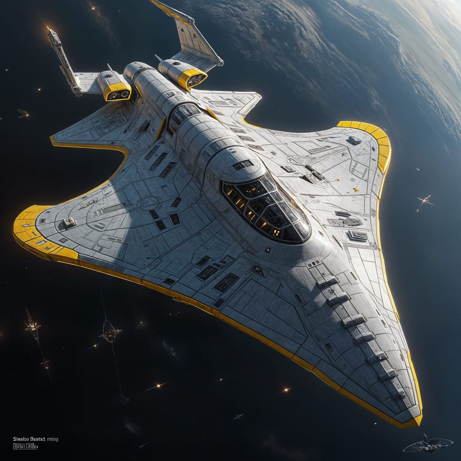 A massive Naboo star destroyer, shaped like a stingray, soar...