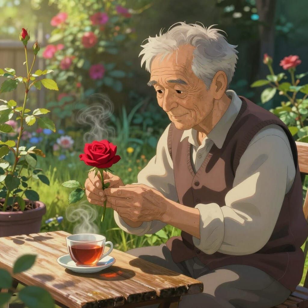 Peaceful Gardener Tends Red Rose in Morning Sun