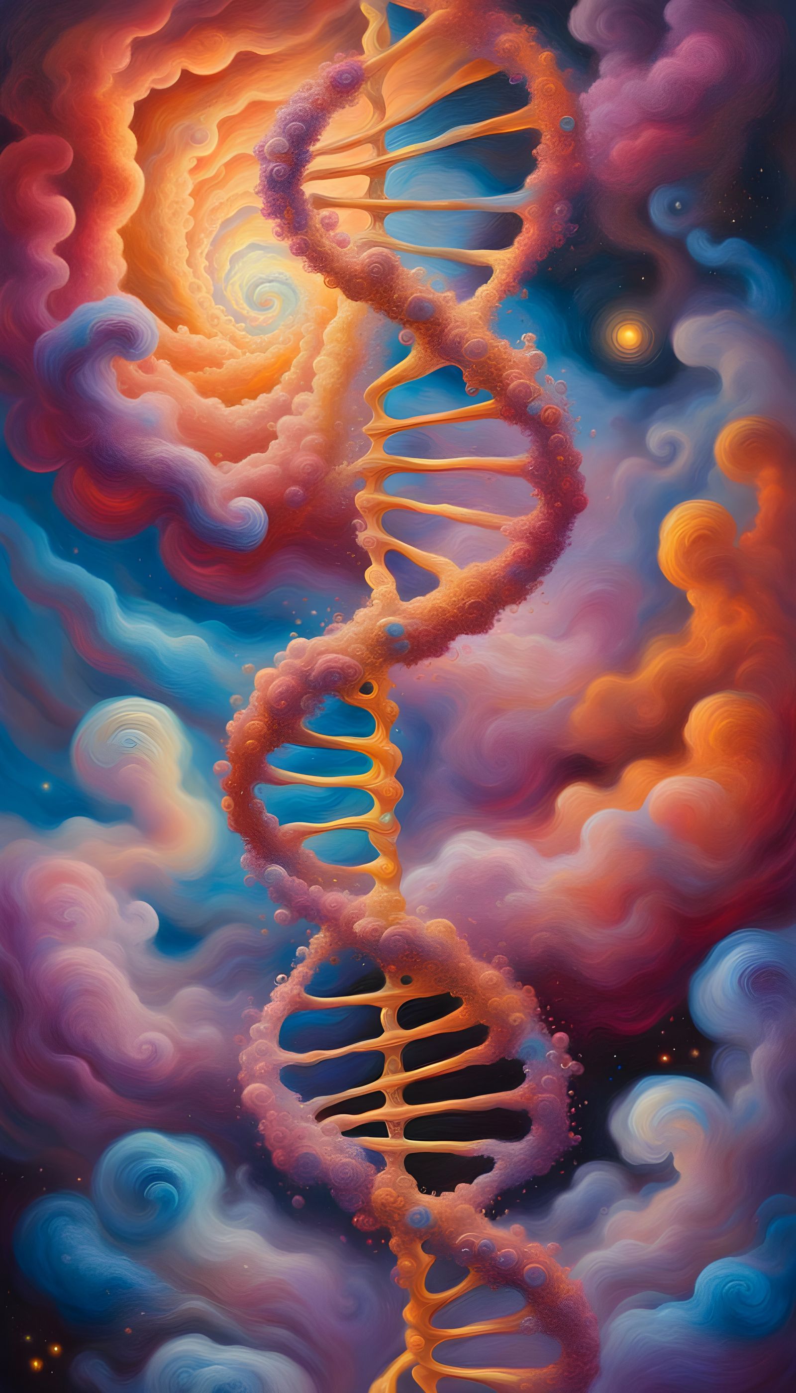 Cosmic DNA Fractal Geometry in Surrealist Oil Painting