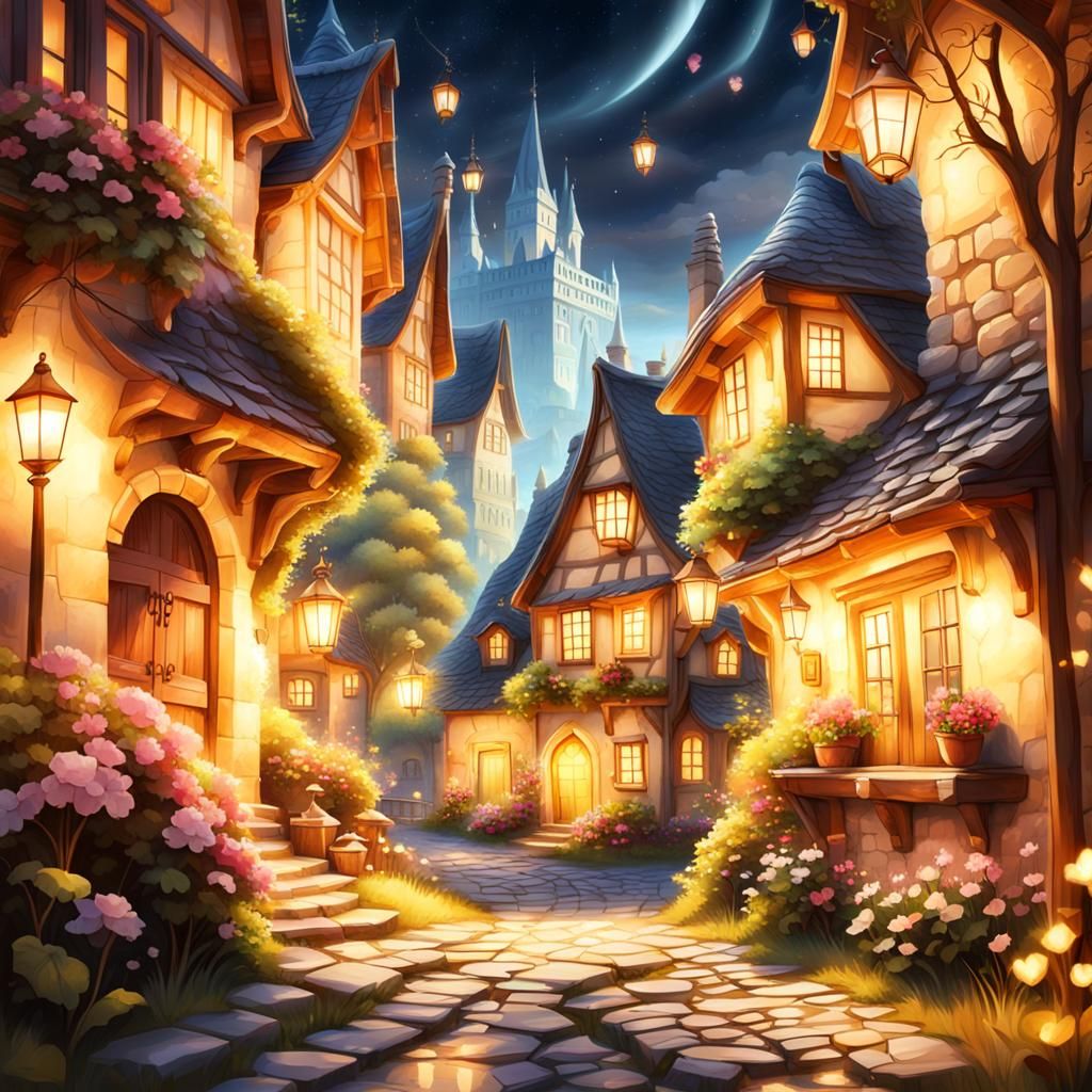 Charming Fantasy Village with Ethereal Glow