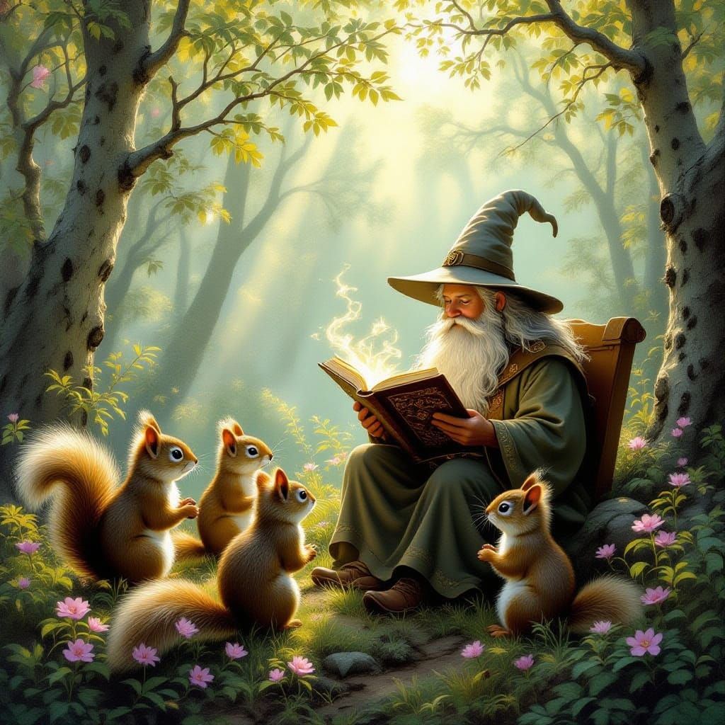 Wizard Teaches Squirrels Magic in Ethereal Forest