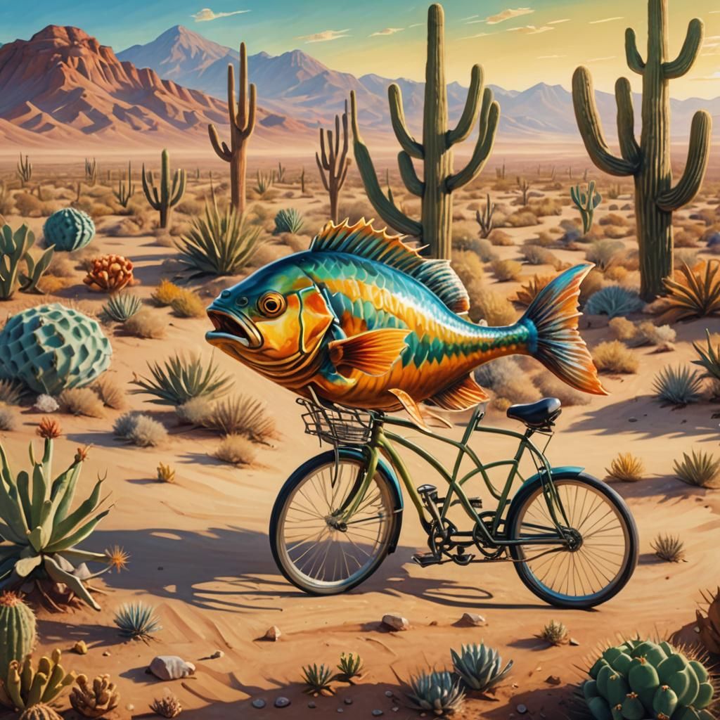 Fish Rides Bicycle in Desert: Surreal Oil Painting