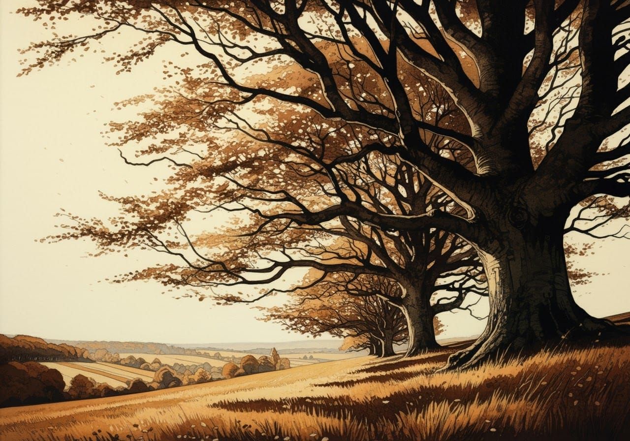 Etching of Old Beech Trees on a Hill