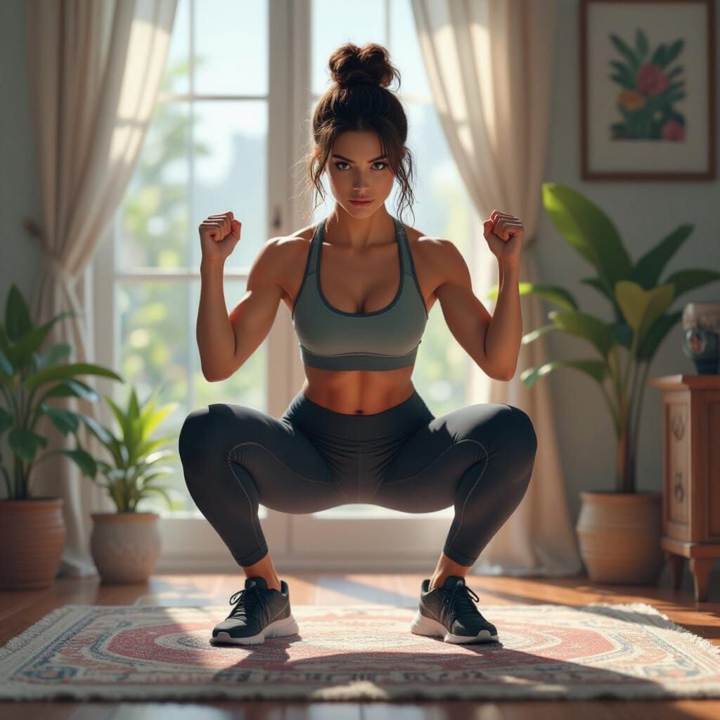 Woman Squatting at Home in Fantastical Concept Art Style