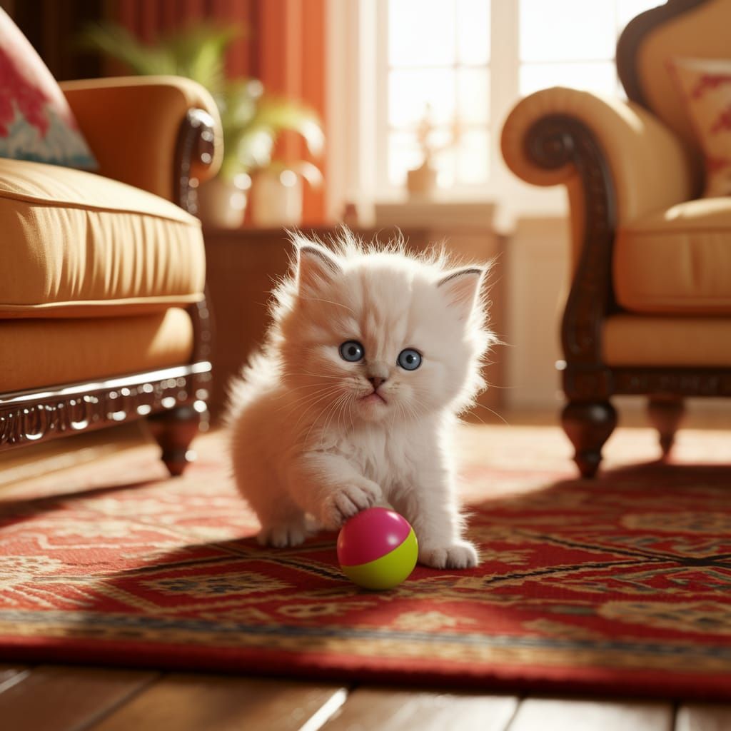 Fluffy Kitten Plays in Sunlit Living Room