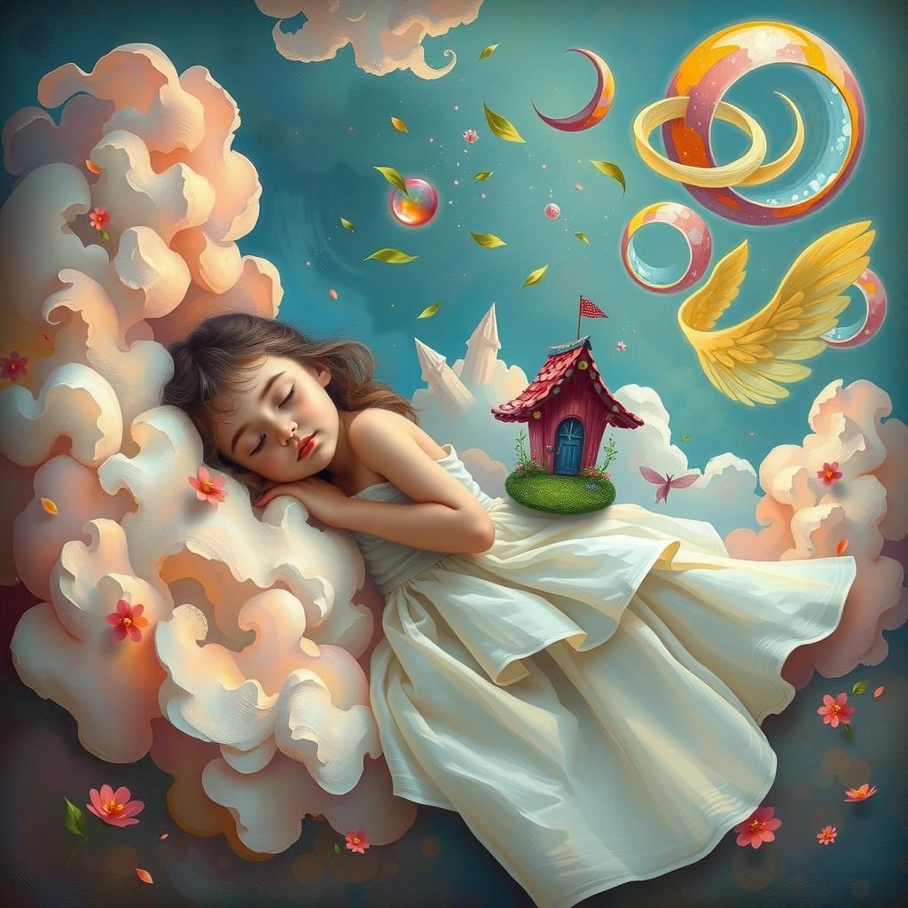 Dreamy Girl in Pointillist Cloudscape