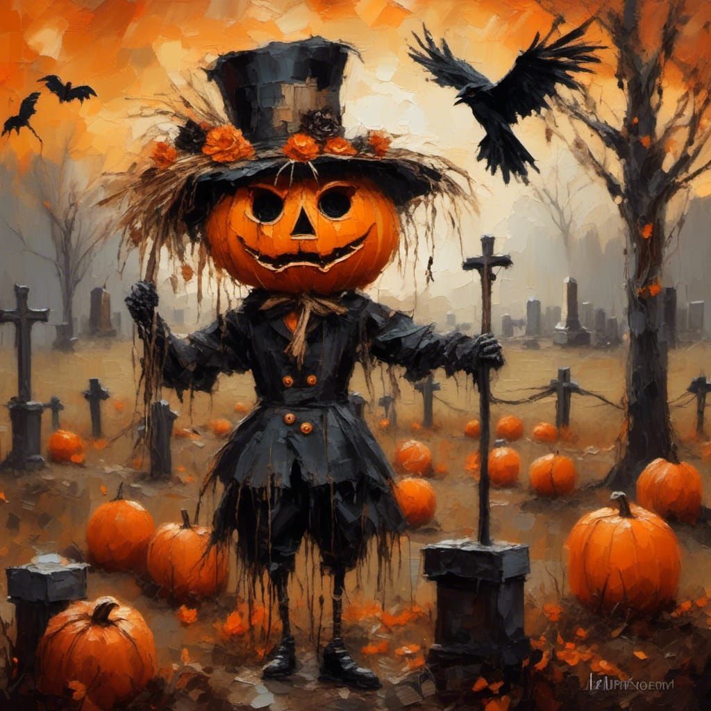 Halloween Scarecrow in Cemetery Oil Painting