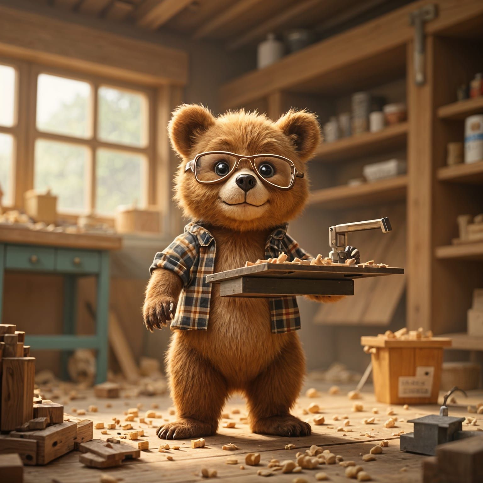 Adorable Baby Bear Tries Woodworking in Cozy Workshop