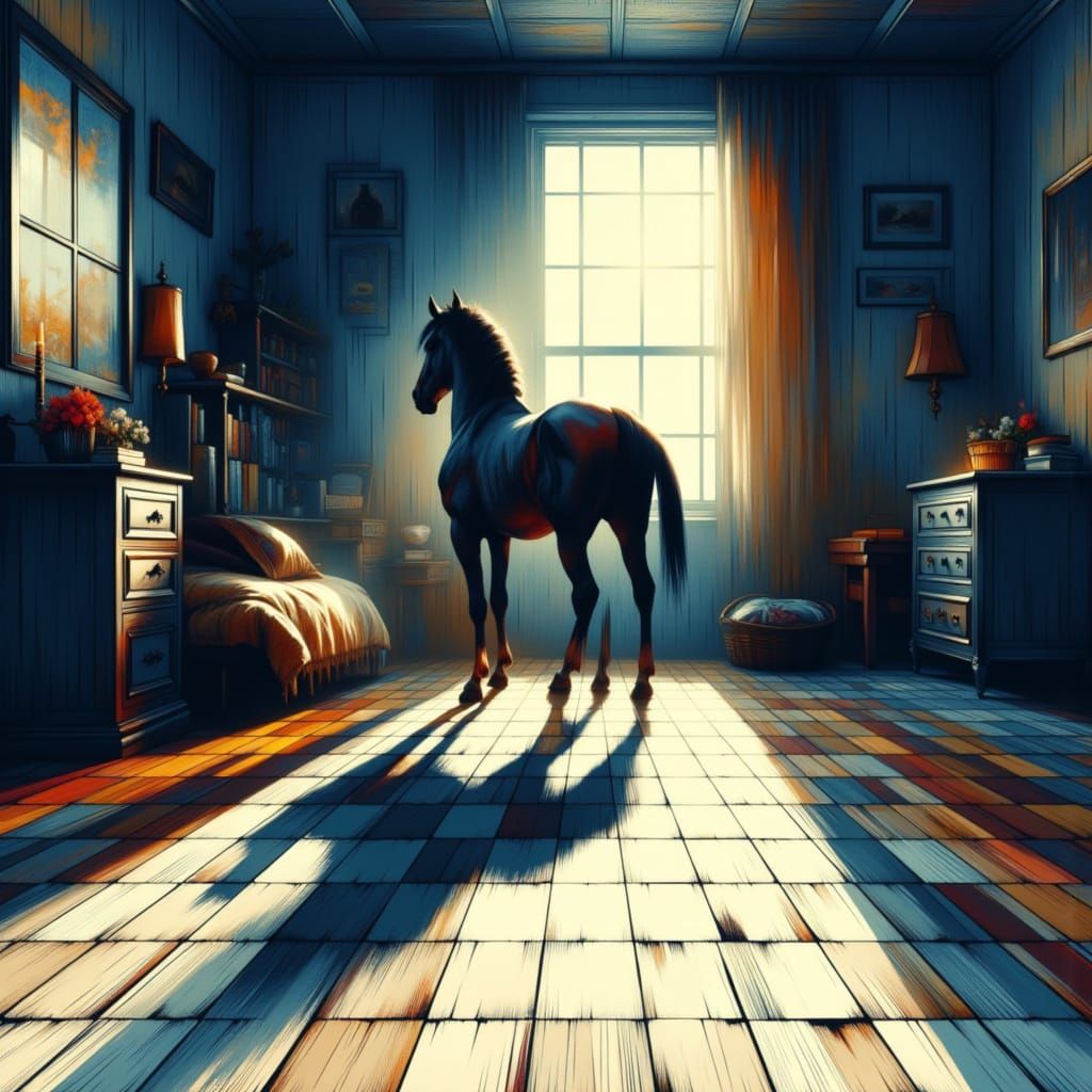 Dreamy Child's Room Scene with 8-bit Grid and Majestic Horse...