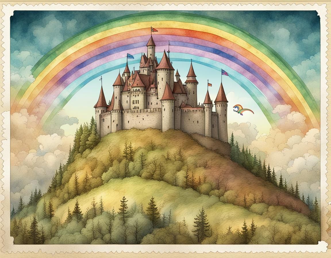 Castle Postcard with Rainbow, Watercolor Illustration
