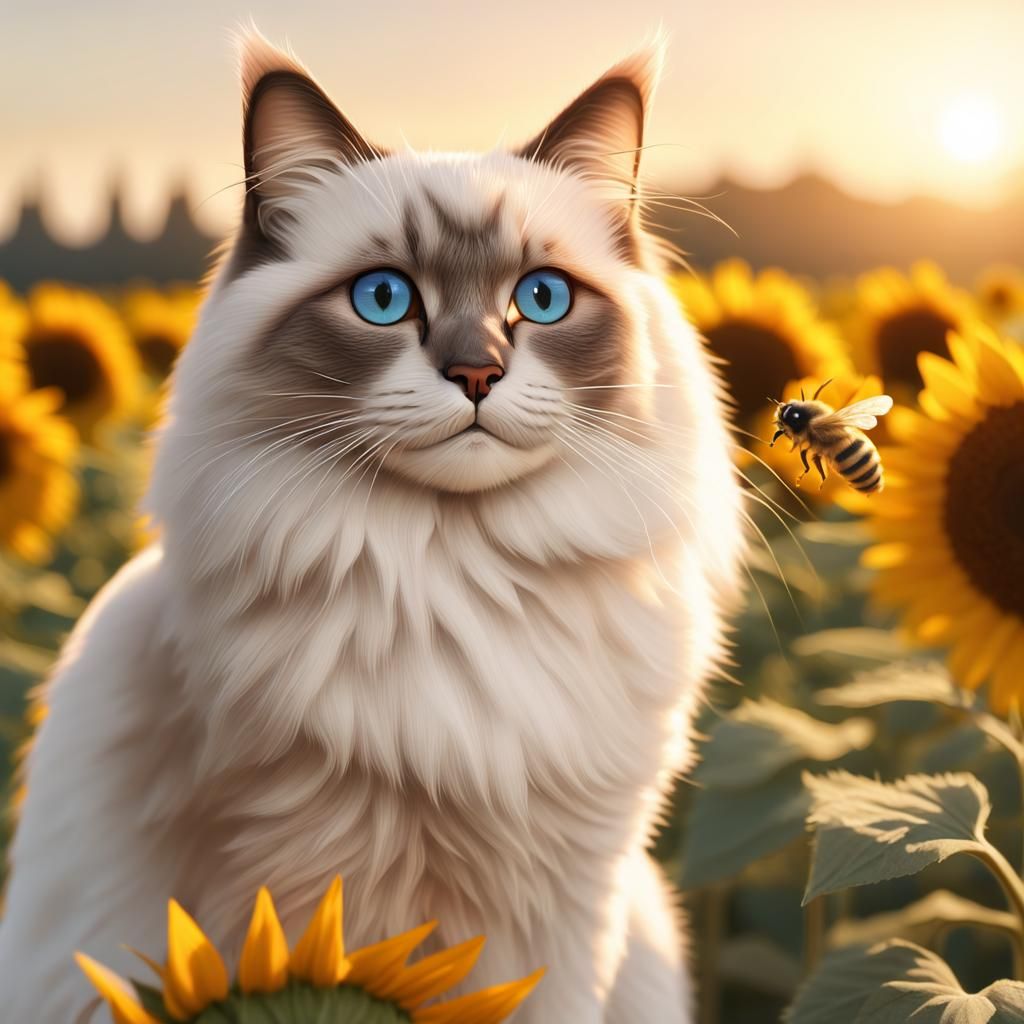 Ragdoll cat and honey bee in field of sunflowers.